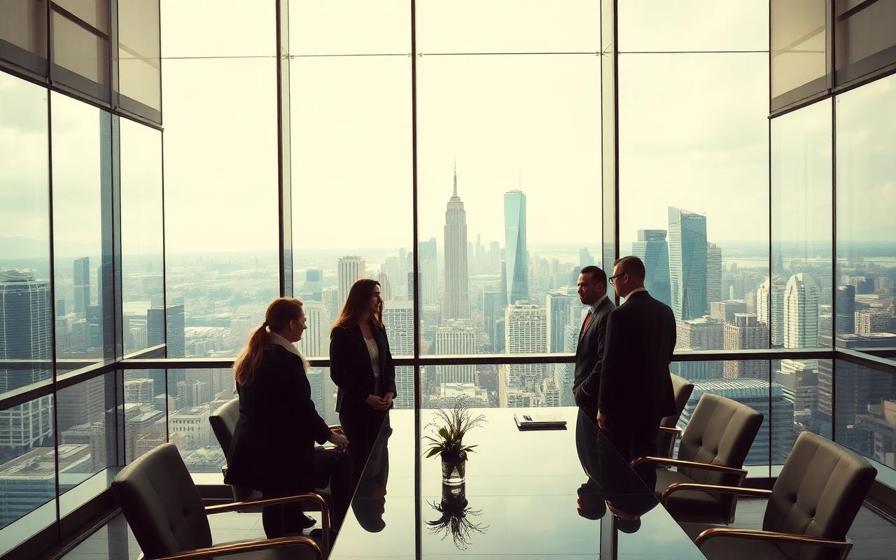 Entrepreneurs internationaux dans un bureau moderne face à une skyline