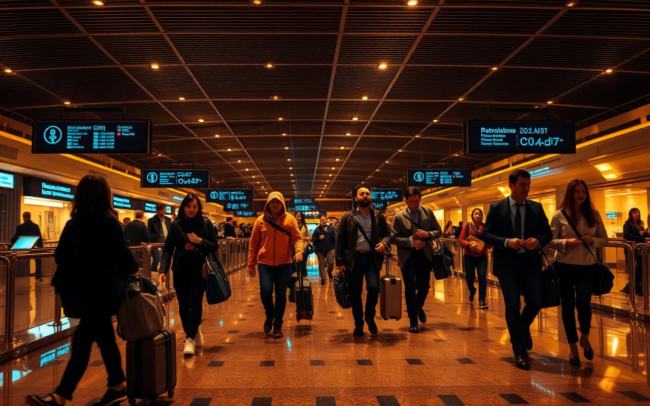 Voyageurs internationaux de différentes origines dans un terminal d'aéroport moderne