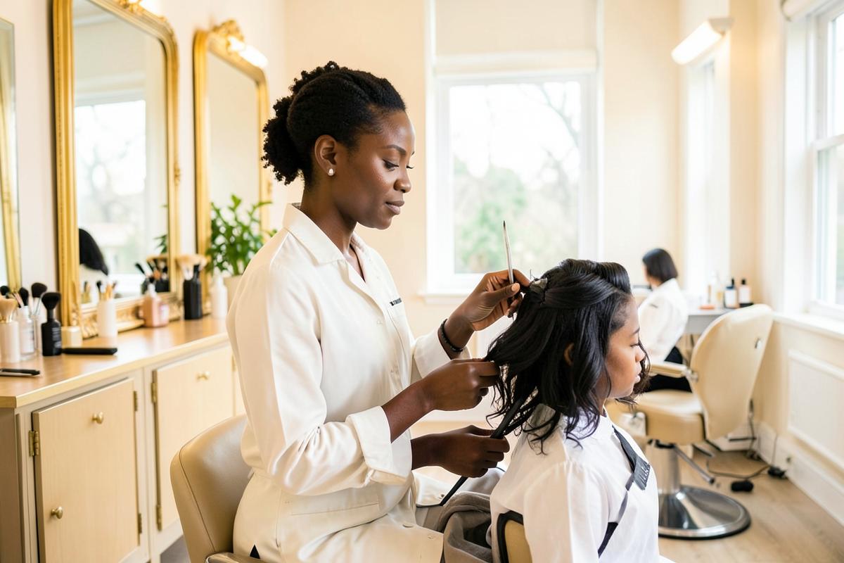 Coiffeuse indépendante au travail dans son salon lumineux