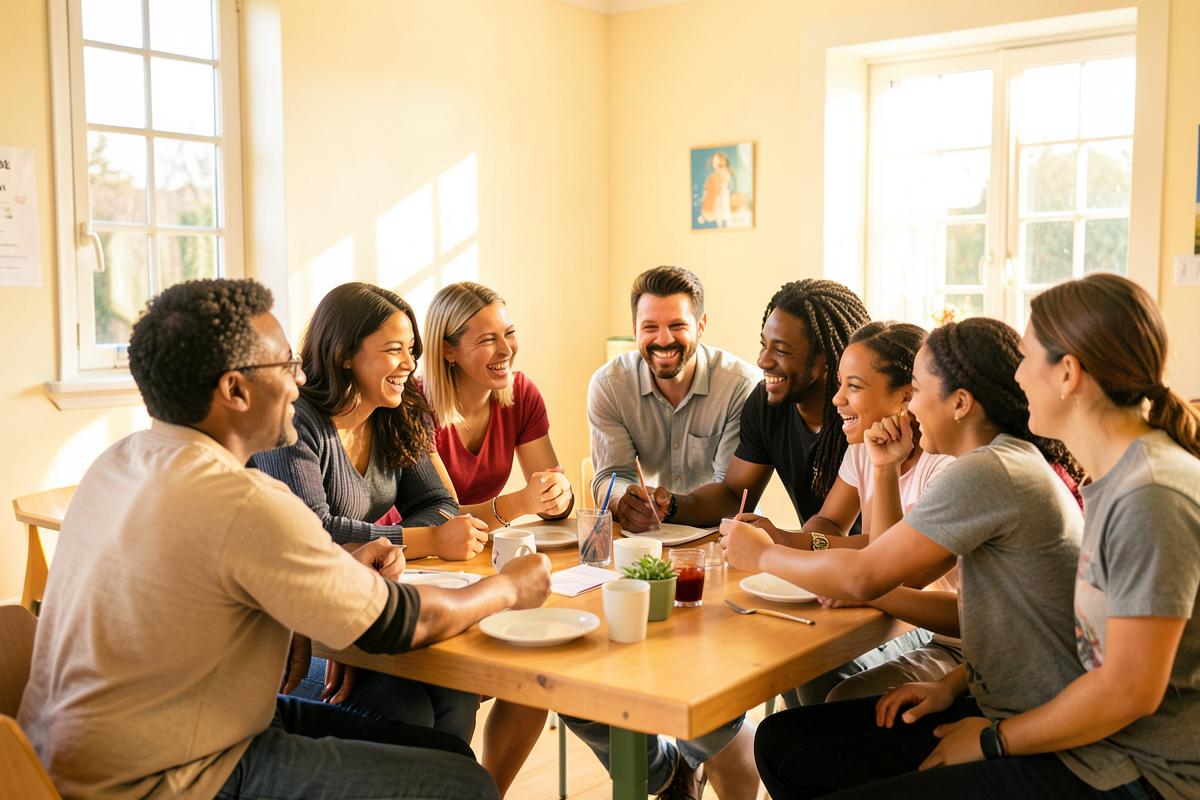 Équipe associative internationale et diverse réunie autour d'une table