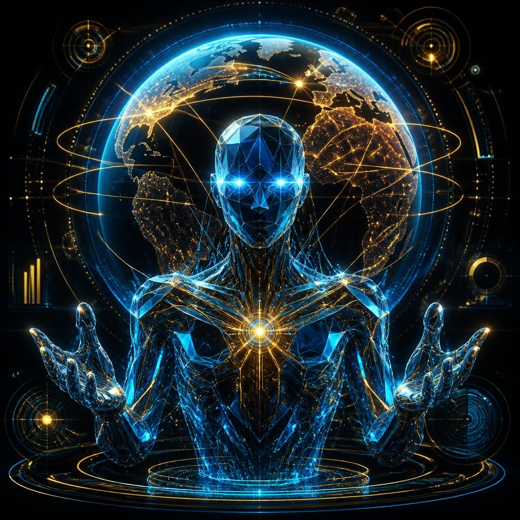 NÉO, intelligence artificielle propriétaire de DiasporaLand : entité numérique holographique bleue et dorée devant un globe terrestre connecté