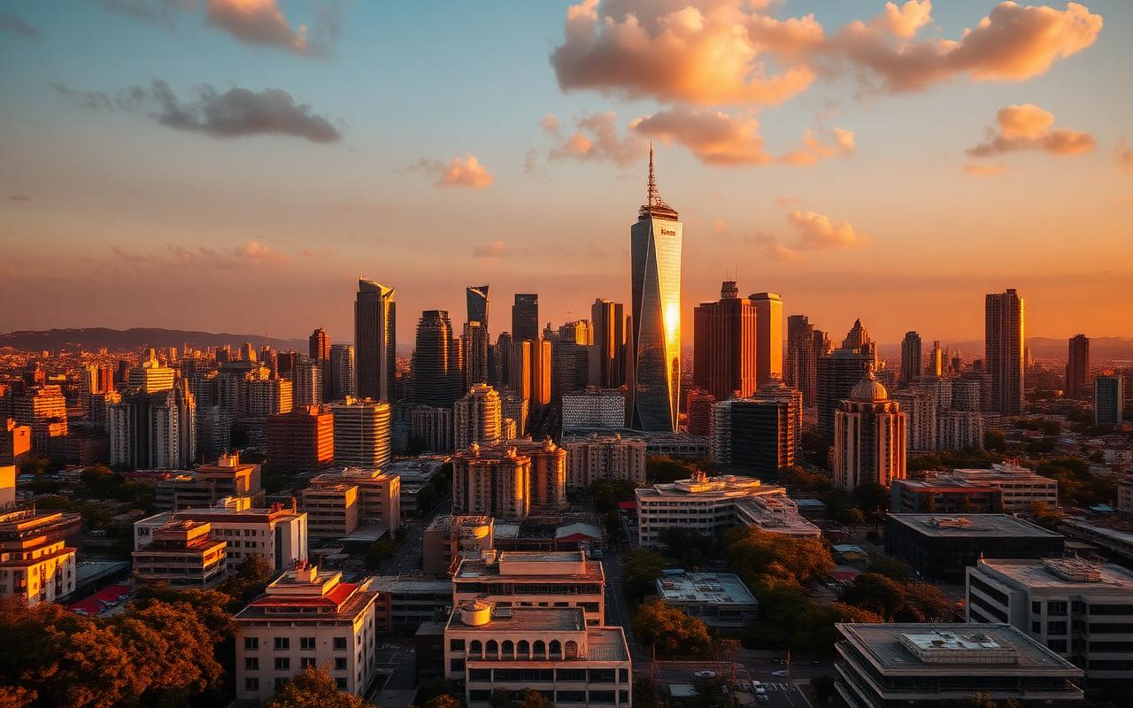 Skyline d'une ville africaine moderne à l'heure dorée