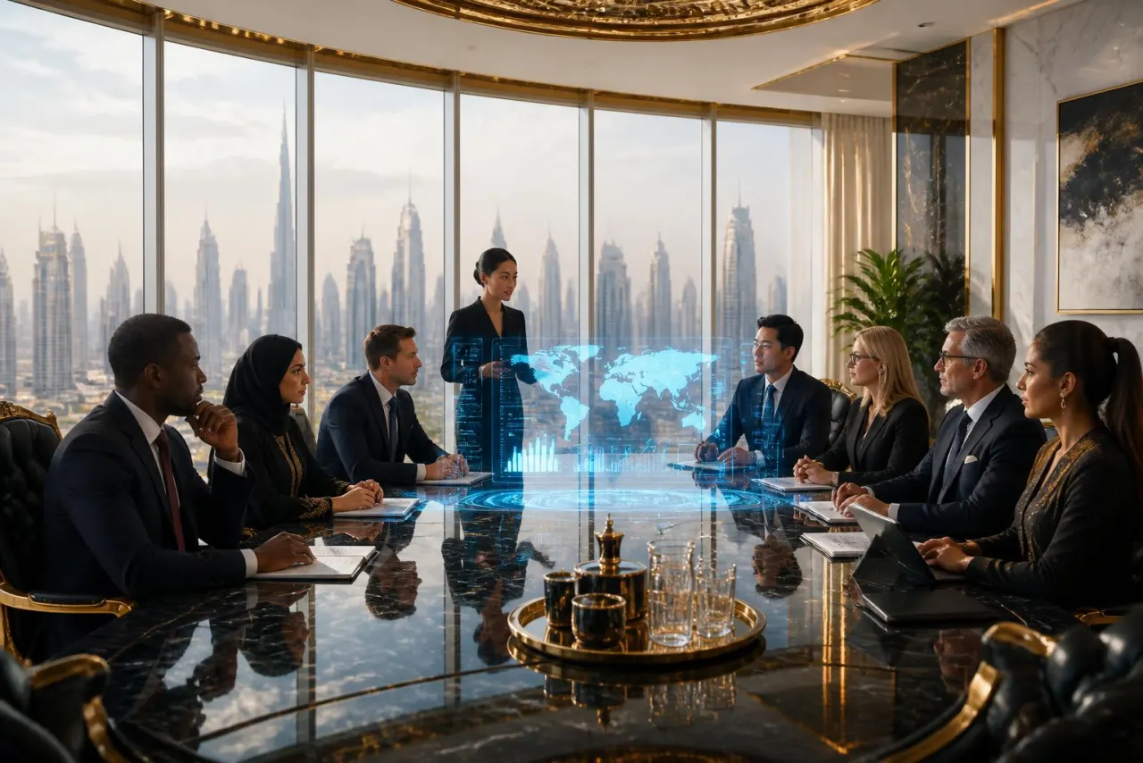 Dirigeants internationaux réunis dans une salle de conseil de prestige avec tableau de bord holographique mondial