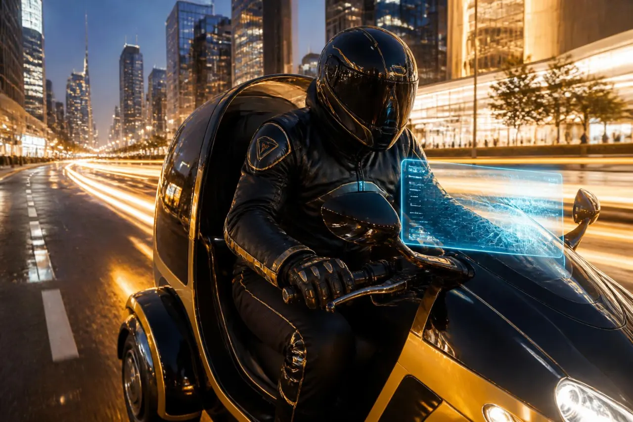 Conducteur de moto-taxi premium noir et or sur une avenue lumineuse avec navigation holographique bleue