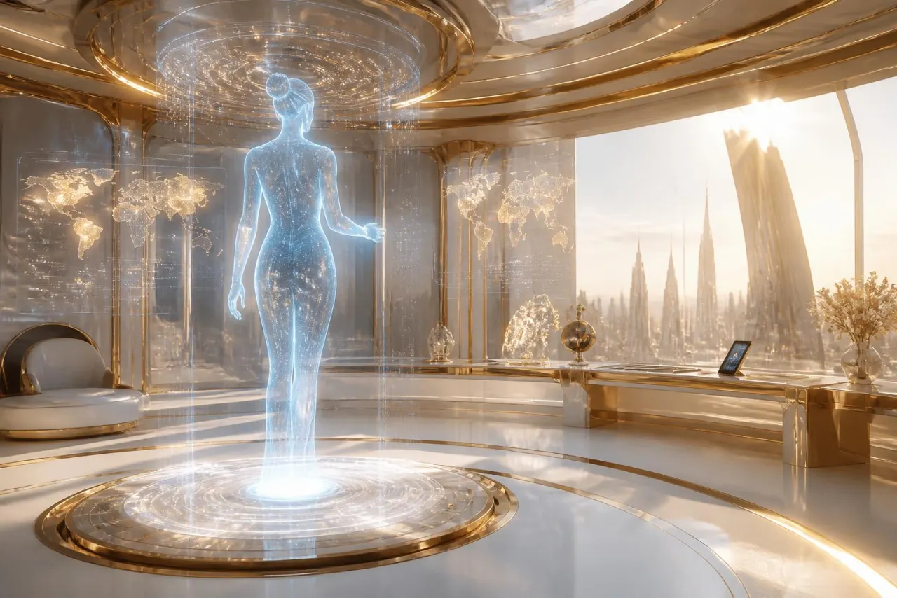 Hologramme bleu lumineux de l'assistant NÉO dans une salle futuriste ivoire et or