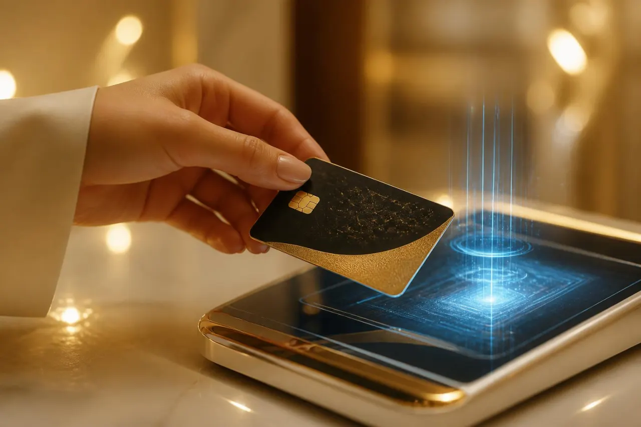 Carte de paiement noire et or approchée d'un terminal holographique bleu