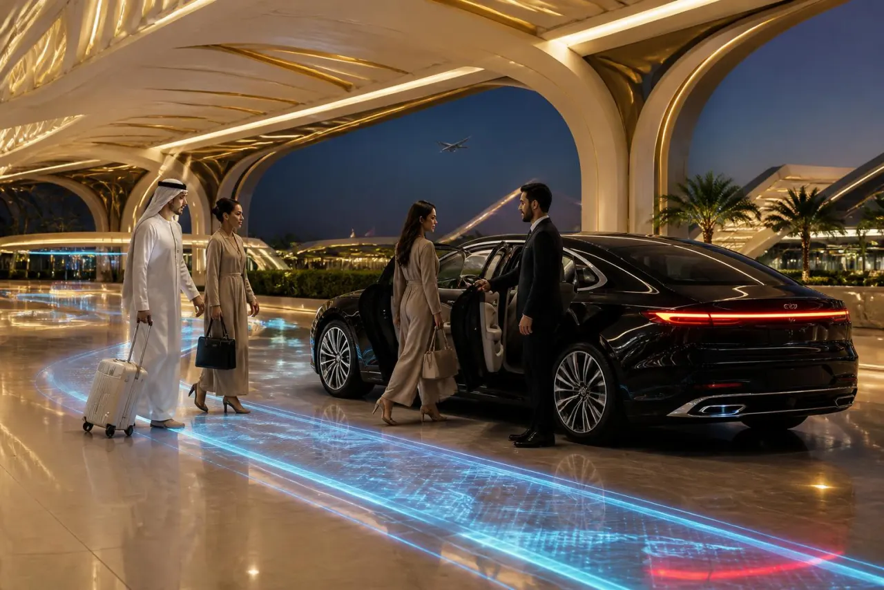 Berline noire premium avec chauffeur devant un terminal aéroportuaire futuriste, passagers internationaux élégants