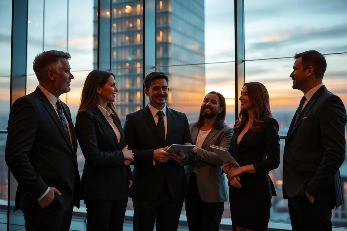 Professionnels réunis dans une tour de bureaux vitrée au crépuscule