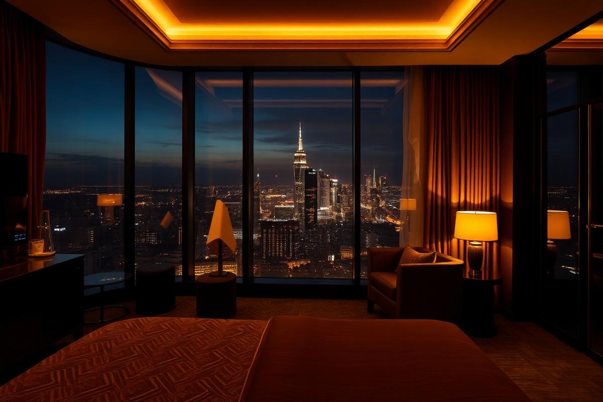 Suite d'hôtel de luxe avec vue sur une skyline nocturne