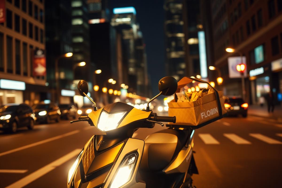 Livreur en scooter dans une ville la nuit avec lumières dorées