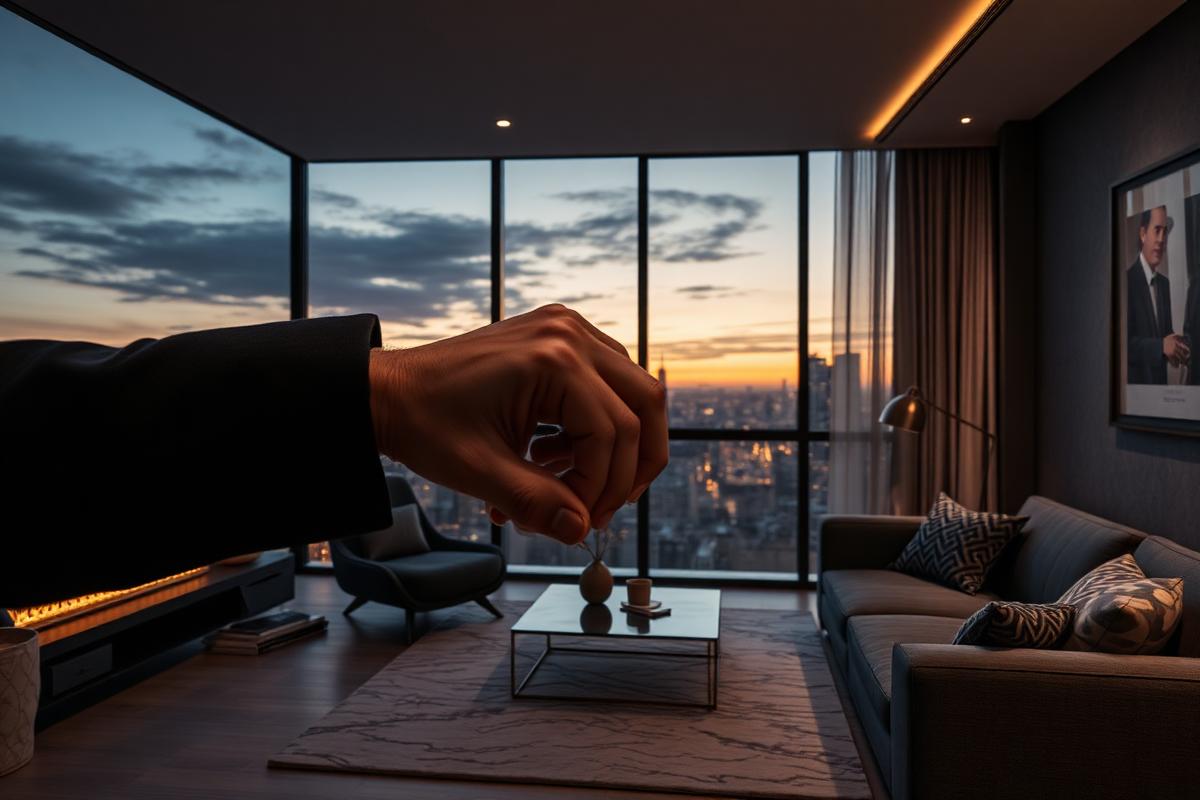 Intérieur d'un appartement de luxe au crépuscule avec remise de clés