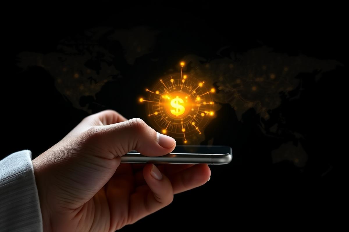 Interface de marketplace holographique dorée sur un smartphone