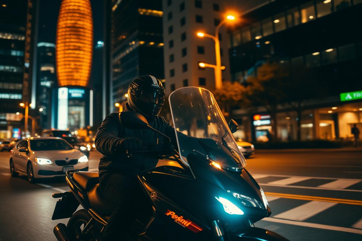 Conducteur de moto-taxi dans une ville illuminée la nuit