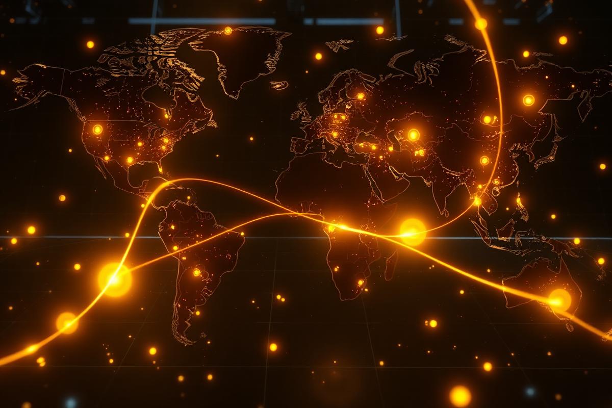 Carte du monde holographique dorée avec flux financiers lumineux