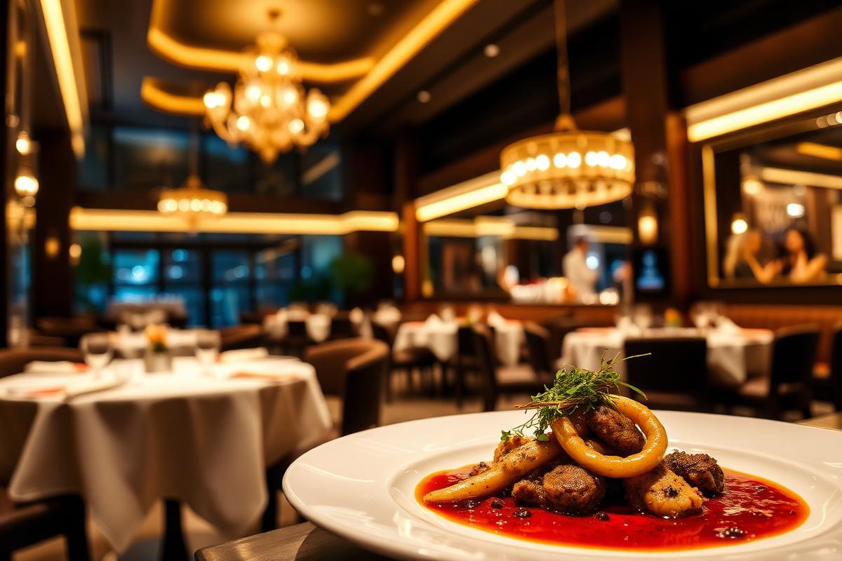 Salle de restaurant gastronomique éclairée en doré