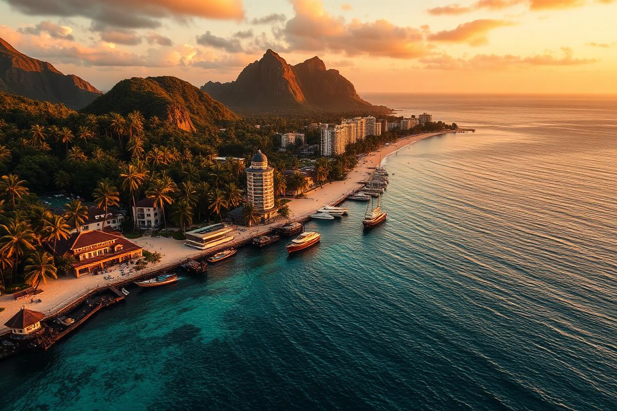 Littoral tropical au coucher du soleil avec resorts et bateaux