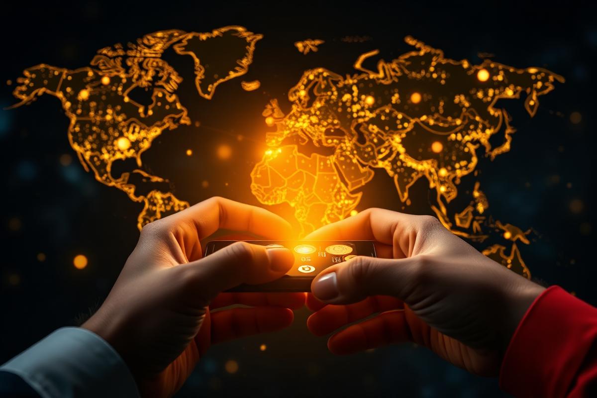 Mains tenant un smartphone avec un flux financier doré vers une carte du monde