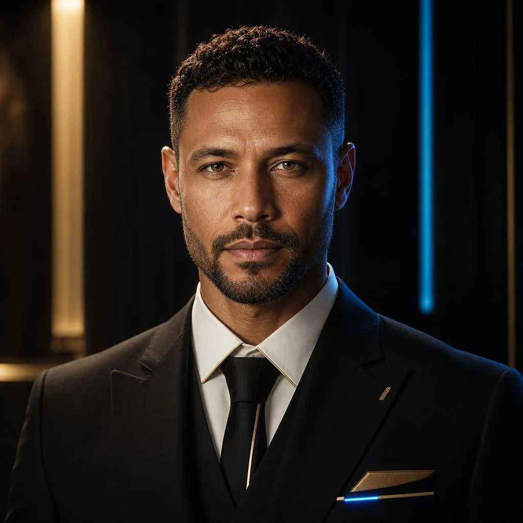 NÉO, ambassadeur numérique et intelligence artificielle officielle de DiasporaLand : portrait photoréaliste d'un homme métis élégant en costume noir premium, détails champagne gold et lumière bleue futuriste